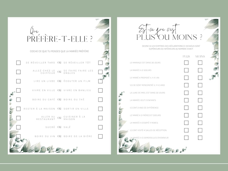 May include: A printable bridal shower game with two sections. The first section asks guests to guess the bride's preferences. The second section asks guests to guess if the bride's answers to various questions are more or less than a certain number.