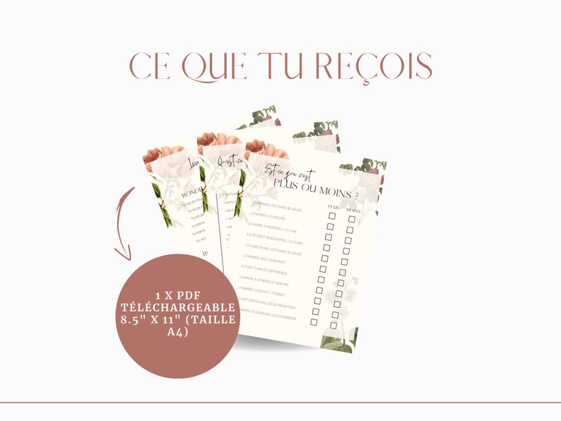 May include: A printable PDF game for a bridal shower or hen party. The game is called "This or That" and features a floral design with pink and green accents. The PDF is 8.5 inches by 11 inches.