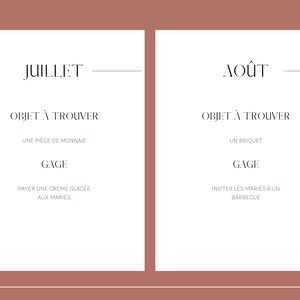May include: Two white cards with black text. The first card says "JUILLET" and the second card says "AO&Ucirc;T". Both cards have the same text below: "OBJET &Agrave; TROUVER", followed by a description of the object to find and the "GAGE" or reward for finding it.