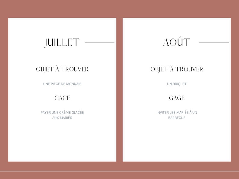 May include: Two white cards with black text. The first card says "JUILLET" and the second card says "AO&Ucirc;T". Both cards have the same text below: "OBJET &Agrave; TROUVER", followed by a description of the object to find and the "GAGE" or reward for finding it.