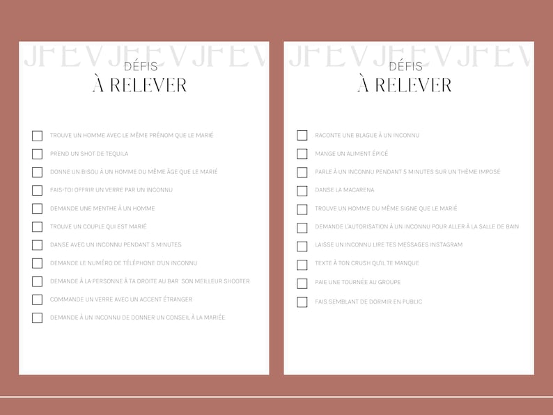 K&ouml;nnte beinhalten: Eine druckbare Checkliste mit hellgrauem Hintergrund und schwarzem Text. Die Checkliste tr&auml;gt den Titel "D&eacute;fis &agrave; Relever", was mit "Herausforderungen anzunehmen" &uuml;bersetzt wird. Die Checkliste enth&auml;lt eine Liste mit 14 Herausforderungen, die bei einer Hochzeit oder einer Party zu bew&auml;ltigen sind.