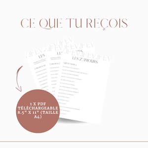 May include: A printable PDF download of a "Les Z'Amours" game, featuring questions about love and relationships. The PDF is 8.5 inches by 11 inches, or A4 size.