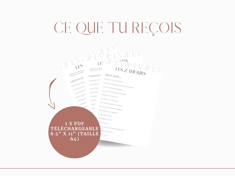 May include: A printable PDF download of a "Les Z'Amours" game, featuring questions about love and relationships. The PDF is 8.5 inches by 11 inches, or A4 size.
