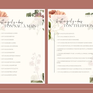 May include: A pink and green floral design with a white background. The text "Quest-ce girl y a dans TON SAC A MAIN?" is on the left side of the image. The text "Quest-ce girl y a dans TON TELEPHONE?" is on the right side of the image. The text is in French. The image is a printable game for a bridal shower.