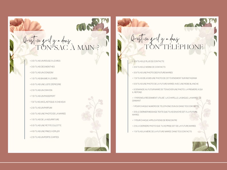 May include: A pink and green floral design with a white background. The text "Quest-ce girl y a dans TON SAC A MAIN?" is on the left side of the image. The text "Quest-ce girl y a dans TON TELEPHONE?" is on the right side of the image. The text is in French. The image is a printable game for a bridal shower.