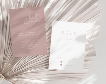 Invitation mariage personnalisée – Rose, moderne et minimaliste | Faire-part RSVP (PDF)