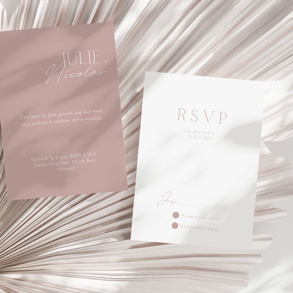 Faire-part de mariage rose et blanc personnalisé, invitation en français, carte d'invitation élégant à imprimer, RSVP minimaliste numérique