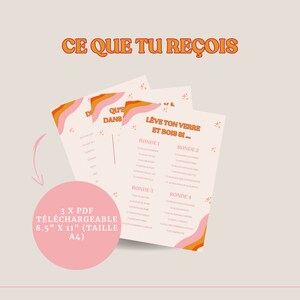 May include: Three printable PDF files for a drinking game. The game is called "L&egrave;ve ton verre et bois si..." which translates to "Raise your glass and drink if..." The game has four rounds and is designed for a party or gathering. The PDFs are 8.5 inches by 11 inches.
