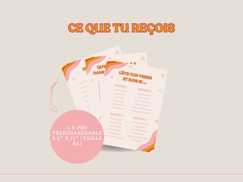 May include: Three printable PDF files for a drinking game. The game is called "L&egrave;ve ton verre et bois si..." which translates to "Raise your glass and drink if..." The game has four rounds and is designed for a party or gathering. The PDFs are 8.5 inches by 11 inches.