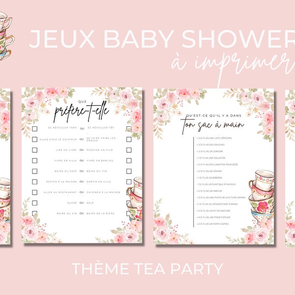 8 jeux pour baby shower thé party en français à imprimer, jeux fête prénatale, annonce grossesse, carte prédiction bébé, pronostic