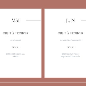 May include: A printable checklist for wedding planning with a list of tasks for May and June. The May tasks include finding a handkerchief and offering flowers to the couple. The June tasks include finding a high-heeled shoe and organizing a picnic for the couple.