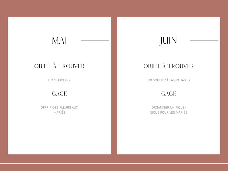 May include: A printable checklist for wedding planning with a list of tasks for May and June. The May tasks include finding a handkerchief and offering flowers to the couple. The June tasks include finding a high-heeled shoe and organizing a picnic for the couple.