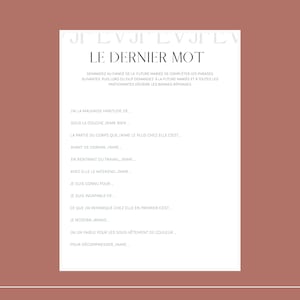 May include: A printable worksheet with the title "Le Dernier Mot" in French. The worksheet includes a series of fill-in-the-blank sentences in French, asking the user to complete the sentences with their personal preferences.