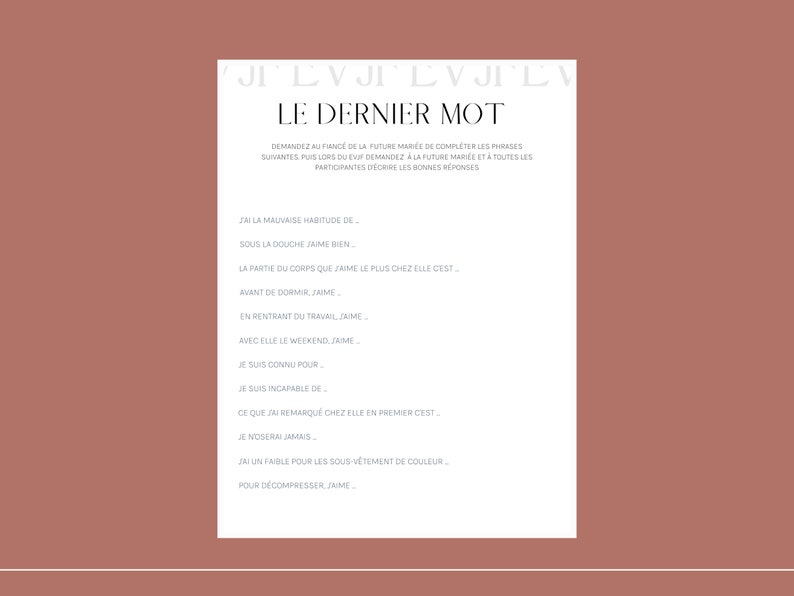 May include: A printable worksheet with the title "Le Dernier Mot" in French. The worksheet includes a series of fill-in-the-blank sentences in French, asking the user to complete the sentences with their personal preferences.