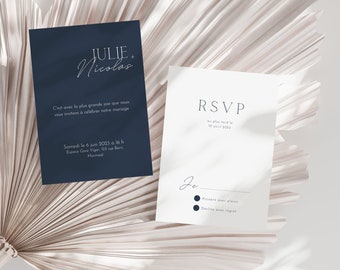 Invitation de mariage personnalisé marine - Faire-part mariage bleu marin- Moderne, minimaliste, bleu foncé - RSVP mariage - En français