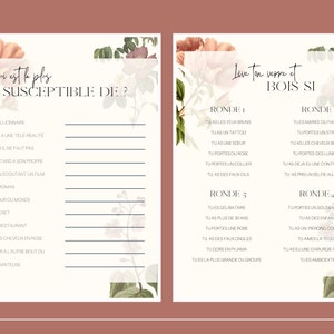 May include: A printable game card with the text "Qui est le plus susceptible de?" and a list of questions in French. The card is decorated with floral illustrations.