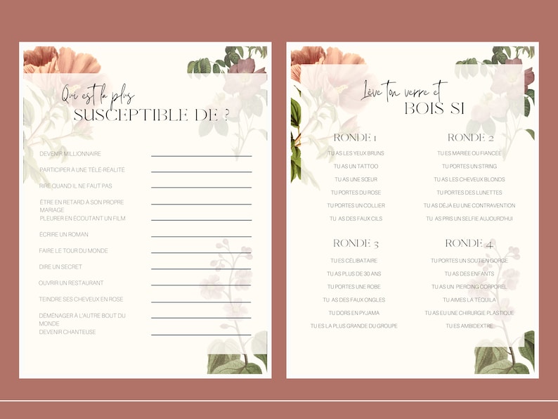 May include: A printable game card with the text "Qui est le plus susceptible de?" and a list of questions in French. The card is decorated with floral illustrations.
