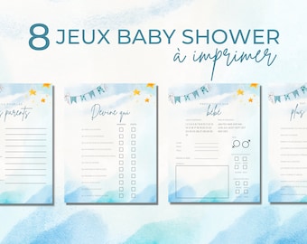 Jeux Baby Shower à imprimer – 8 activités thème bleu | Fête prénatale (PDF)