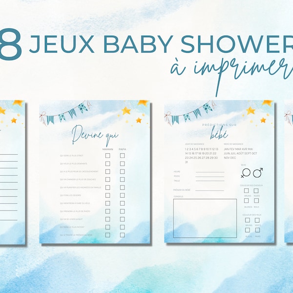 8 jeux pour shower de bébé en français à imprimer, jeux fête prénatale, annonce grossesse, carte prédiction bébé, pronostic