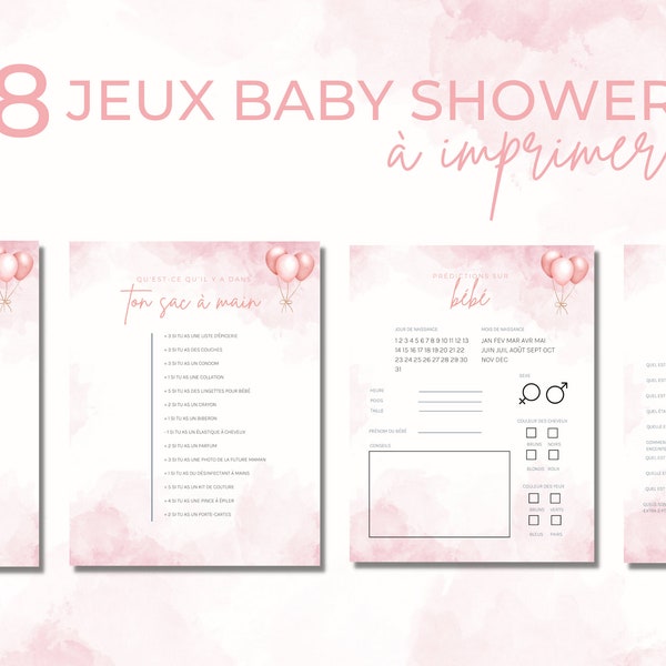 8 jeux pour shower de bébé en français à imprimer, jeux fête prénatale rose, annonce grossesse, carte prédiction bébé, pronostic