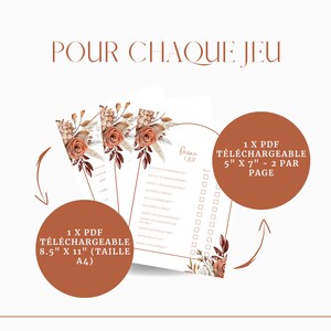 Op de afbeelding: Printbare spelkaarten met een bloemenontwerp in tinten bruin, oranje en wit. De tekst "POUR CHAQUE JEU" staat bovenaan de afbeelding. De tekst "1 X PDF T&Eacute;L&Eacute;CHARGEABLE 8.5" X 11" (TAILLE A4)" staat in een bruine cirkel aan de linkerkant van de afbeelding. De tekst "1 X PDF T&Eacute;L&Eacute;CHARGEABLE 5" X 7" - 2 PAR PAGE" staat in een bruine cirkel aan de rechterkant van de afbeelding.