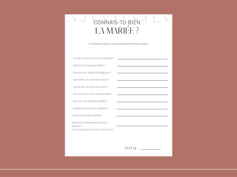 Jeu EVJF Connais-tu Bien La Mariée, Jeu Enterrement Vie De Jeune Fille