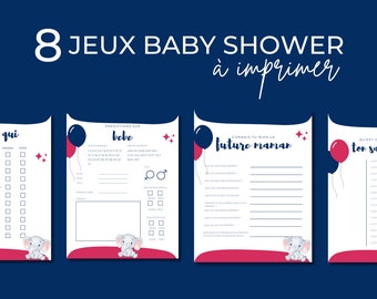 8 jeux pour baby shower rose et bleu en français à imprimer, jeux fête prénatale, annonce grossesse, carte prédiction bébé, pronostic