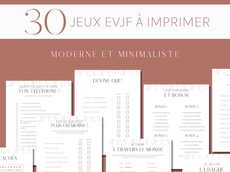 30 jeux EVJF à imprimer et à télécharger - Jeux enterrement vie de jeune fille, bachelorette en français, activités EVJF