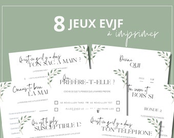 8 jeux EVJF moderne eucalyptus à imprimer et à télécharger - Jeux enterrement vie de jeune fille, bachelorette en français