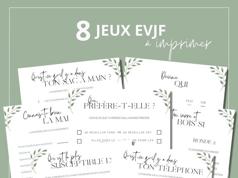 8 jeux EVJF moderne eucalyptus à imprimer et à télécharger - Jeux enterrement vie de jeune fille, bachelorette en français
