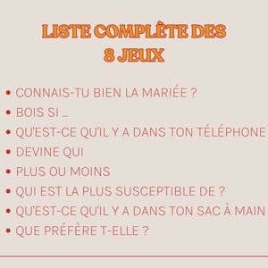 May include: A list of 8 game ideas written in French. The list includes games like "Guess who?" and "What's in your bag?"
