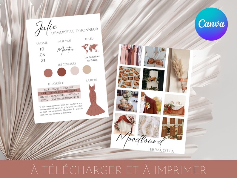 Carte d'information mariage, demoiselle d'honneur et témoin, moodboard, modèle d'information pour témoin à imprimer et à personnalisé