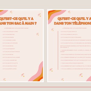 May include: Two pink and orange illustrated cards with the text "Qu'est-ce qu'il y a dans ton sac &agrave; main?" and "Qu'est-ce qu'il y a dans ton t&eacute;l&eacute;phone?"  The cards list items to find in a person's purse or phone.  The person with the most points wins.