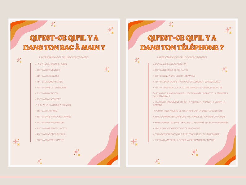 May include: Two pink and orange illustrated cards with the text "Qu'est-ce qu'il y a dans ton sac &agrave; main?" and "Qu'est-ce qu'il y a dans ton t&eacute;l&eacute;phone?"  The cards list items to find in a person's purse or phone.  The person with the most points wins.