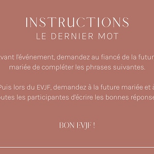 Jeu EVJF Le dernier mot à imprimer et à télécharger Jeu enterrement vie de jeune fille, bachelorette en français, activité EVJF. idée evjf image 3