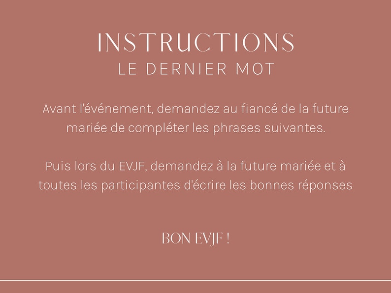 Jeu EVJF Le dernier mot à imprimer et à télécharger Jeu enterrement vie de jeune fille, bachelorette en français, activité EVJF. idée evjf image 3