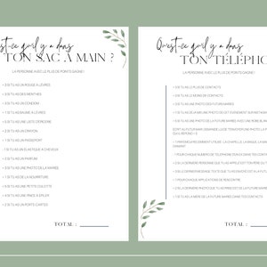 Puede incluir: Un juego imprimible para una despedida de soltera o una fiesta de bodas. El juego pregunta "&iquest;Qu&eacute; hay en tu bolso?" y "&iquest;Qu&eacute; hay en tu tel&eacute;fono?" con una lista de art&iacute;culos para marcar. La persona con m&aacute;s puntos gana.