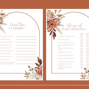 Op de afbeelding: Een printbaar bruidsdouchespeel met twee secties. De eerste sectie vraagt "Connais-tu bien la mari&eacute;e?" en bevat vragen over de bruid. De tweede sectie vraagt "Est-ce que c'est plus ou moins?" en bevat vragen over de bruiloft met een optie "plus" of "moins" om te cirkelen.