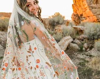 ORANGE WILDFLOWER:  bridal veil, summer fall wedding, floral embroidery wedding veil, wedding inspo, orange wedding, wedding trends, spring