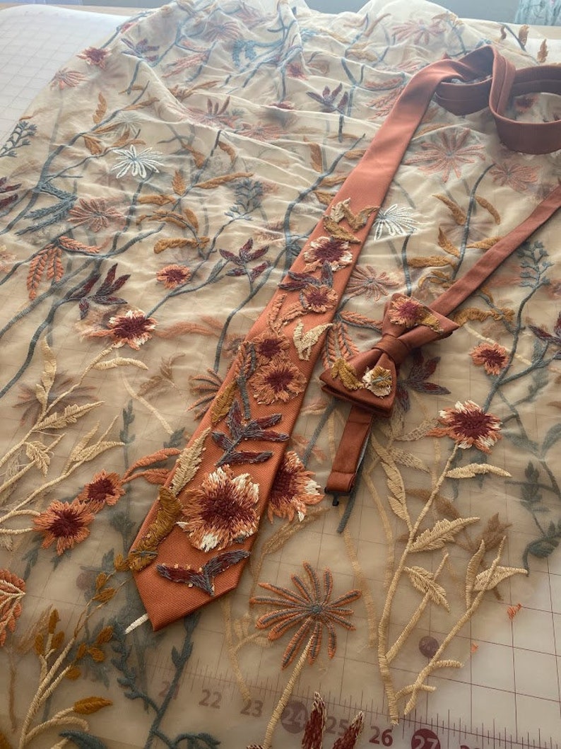 AUTUMN LEAVES FALLING: prom tie, groom tie, groomsmen tie, floral tie, embroidery tie, fall tie, wedding tie, bridal veil, bow tie image 5