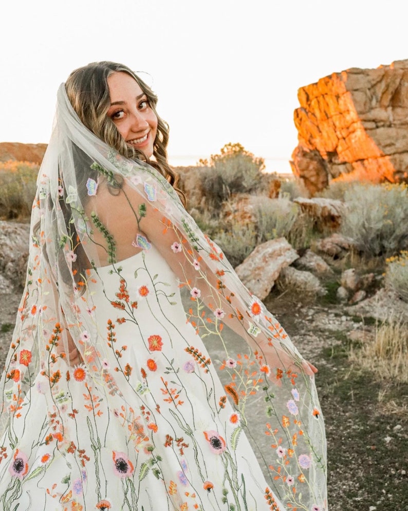 ORANGE WILDFLOWER Bridal Veil Summer Fall Wedding Floral Etsy