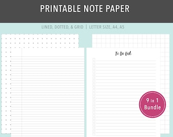 Printable Note Paper, Bullet Journal Paper,  To Do List, Planner Inserts, Instant Download in Letter, A4, and A5 Sizes