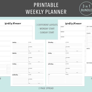 PÁGINAS de planificador semanales impresionadas inserciones de planificador sin fecha, Organizador semanal, Planificador de productividad, Lista de tareas pendientes, Descarga instantánea,