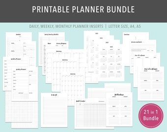 May include: A printable planner bundle with 21 different inserts. The inserts include daily, weekly, and monthly planners, as well as pages for tracking goals, birthdays, and to-do lists. The bundle is available in letter size, A4, and A5.
