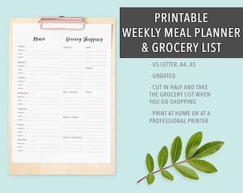 Printable Weekly Meal Planner and Grocery Shopping List, Meal Planner Printable, Family Meal Planner, Planner Inserts, Instant Download