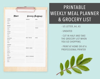 Printable Weekly Meal Planner and Grocery Shopping List, Meal Planner Printable, Family Meal Planner, Planner Inserts, Instant Download
