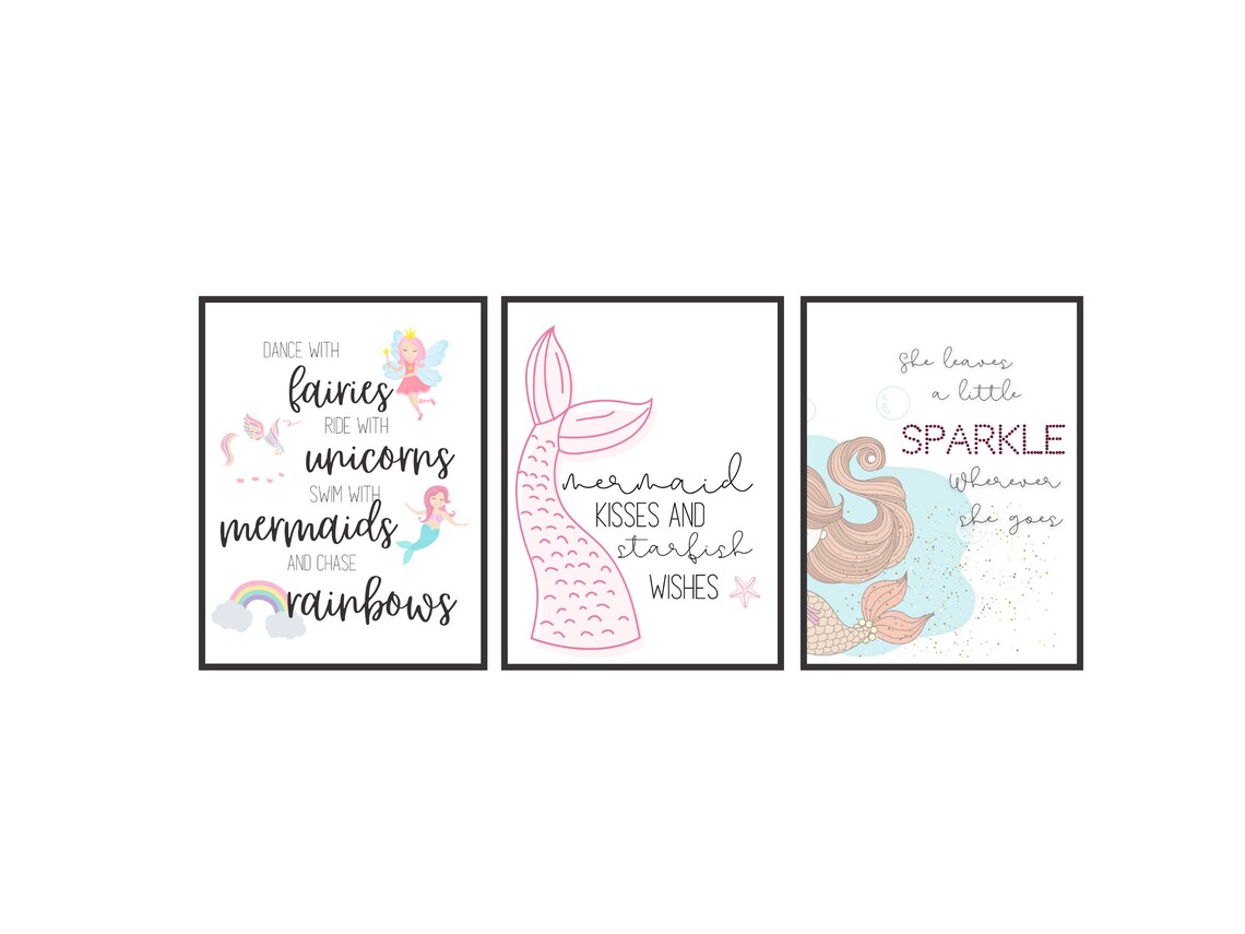 Set of 3 Mermaid Printables Wall Art WHITE BACKGROUNDS | Etsy