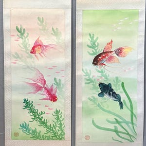 Beautiful Vintage Pair of Hand Painted Colorful Swimming Koi Fish Design Scroll Wall Hangings