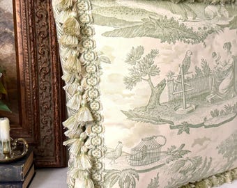 Beautiful Vintage Victorian French Cottage Green/Cream/Ivory Toile Throw Pillow w/ Decorative Trim and Tassels