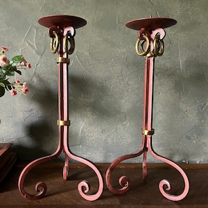 Vintage Tall Red Swirl Design & Brass Rings Wrought Iron Pillar Candle Holder